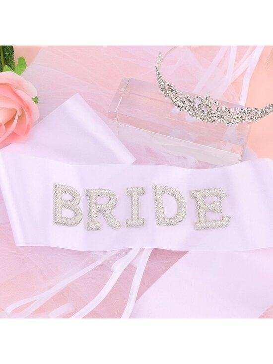 Women\'s White Satin Bride To Be Sash Crown Elegant Gorgeous Pearl Scarves main image 6